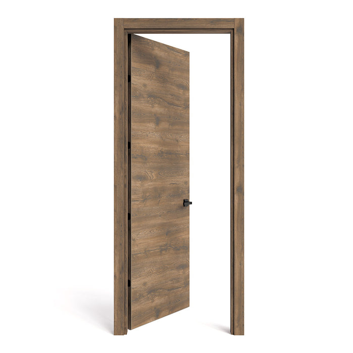 Kit puerta de madera melaminica con marco veta horizontal color bellota incluye cerradura + 4 bisagras