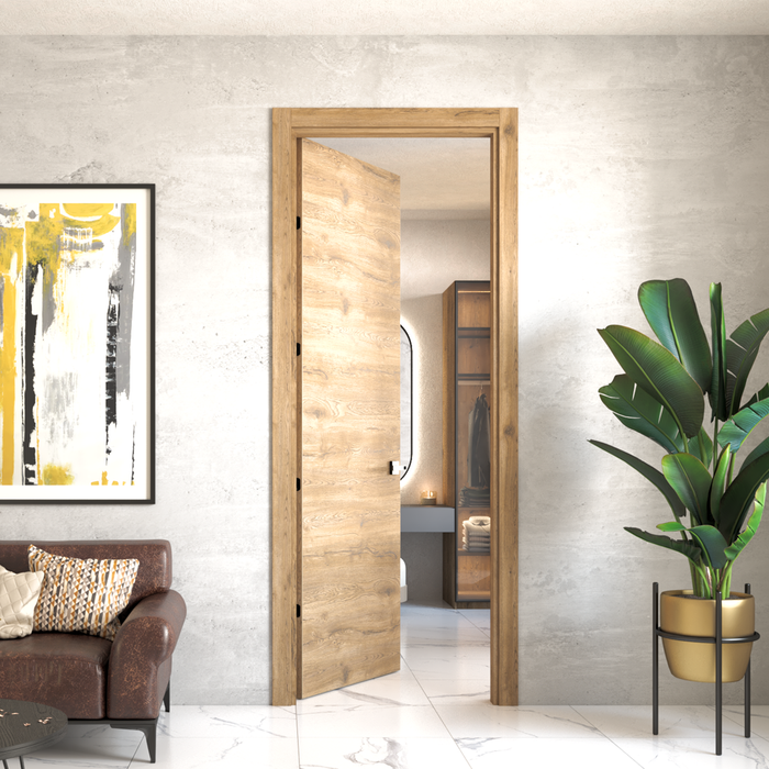 Puerta de madera melaminica sin marco veta horizontal color macadamia incluye cerradura + 4 bisagras