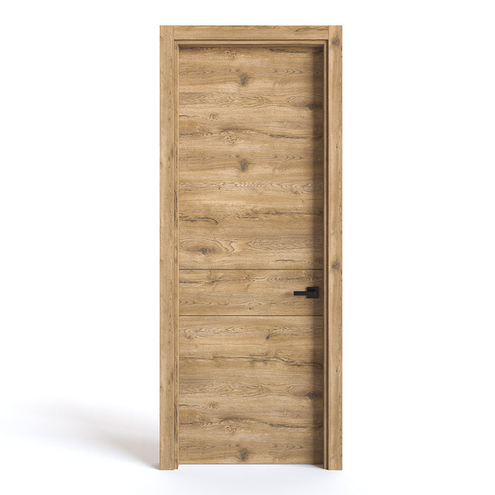 Kit puerta de madera melaminica con marco ranurada veta horizontal color macadamia incluye cerradura + 4 bisagras