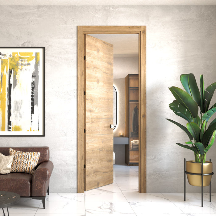 Kit puerta de madera melaminica con marco ranurada veta horizontal color macadamia incluye cerradura + 4 bisagras