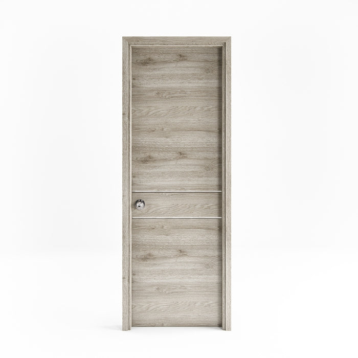 Puerta de madera melaminica ranurada sin marco veta horizontal color ceniza incluye cerradura + 4 bisagras