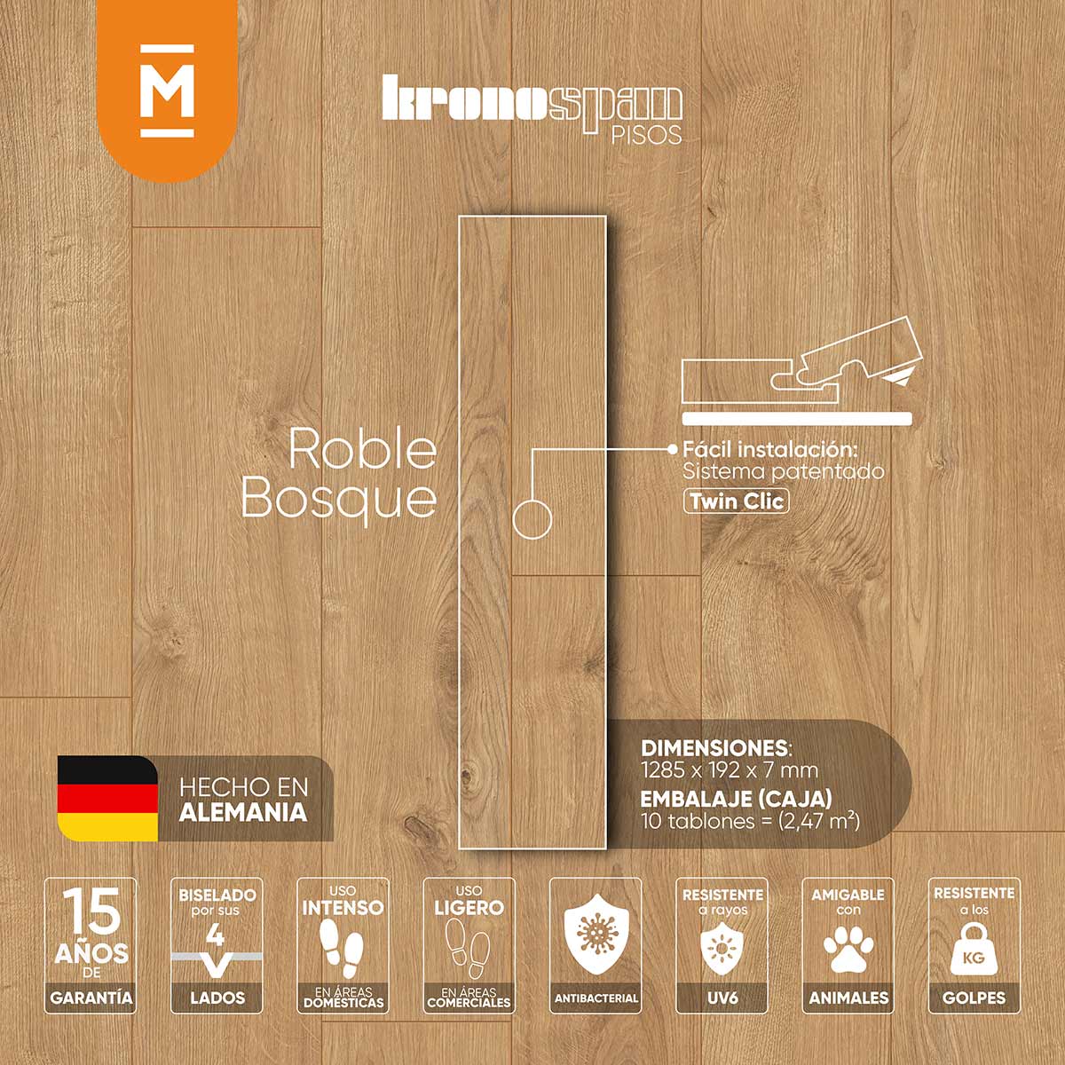 Piso Laminado Roble Bosque 7mm marca Kronospan