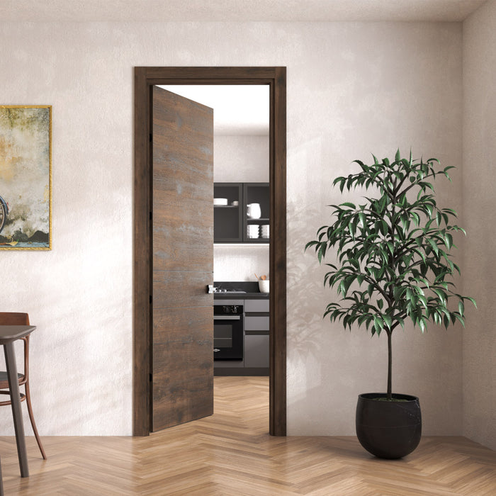 Kit puerta de madera melaminica con marco ranurada veta horizontal color bellota incluye cerradura + 4 bisagras