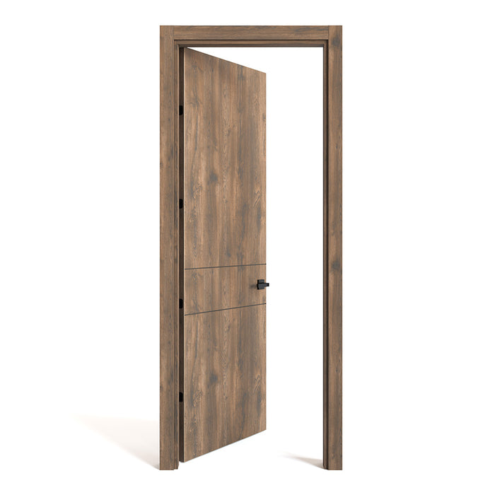 Puerta de madera melaminica sin marco ranurada veta vertical color bellota incluye cerradura + 4 bisagras