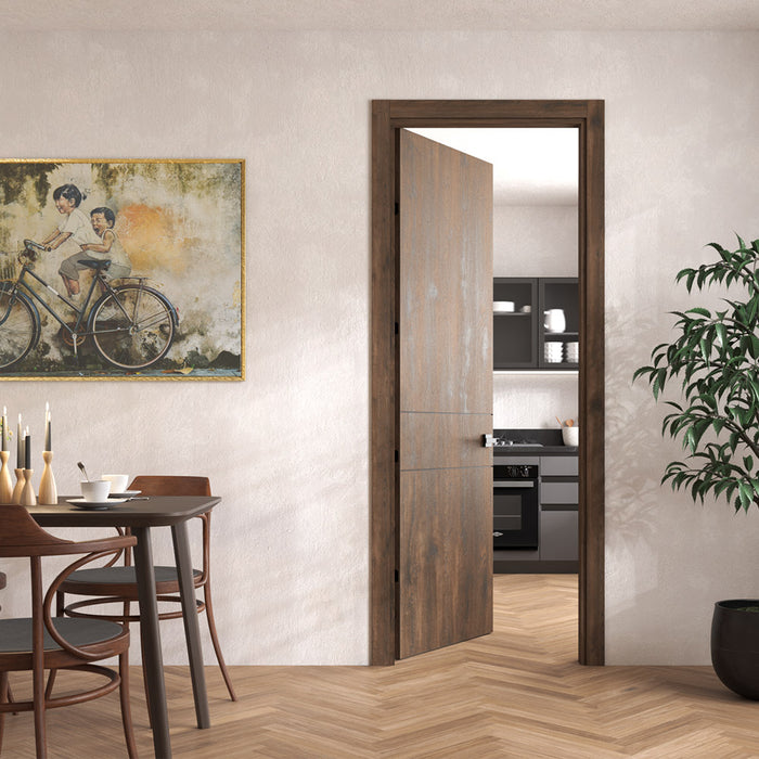 Kit puerta de madera melaminica con marco ranurada veta vertical color bellota incluye cerradura + 4 bisagras