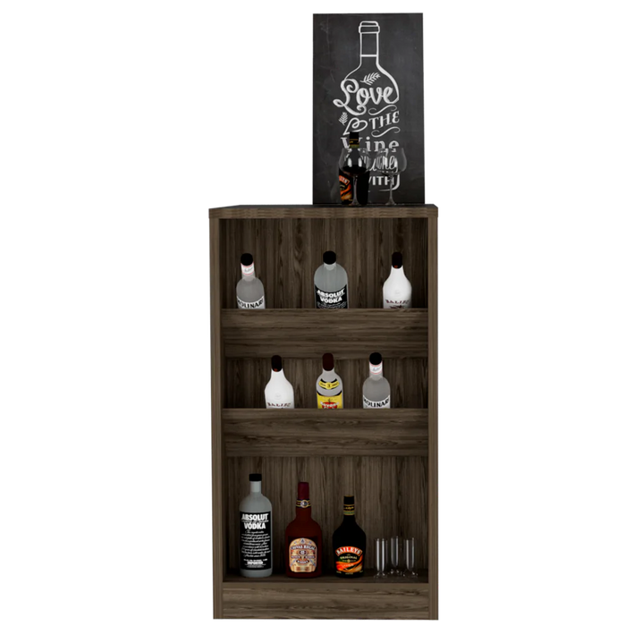 Mesa de bar celeste, chocolate, con tres estantes para botellas