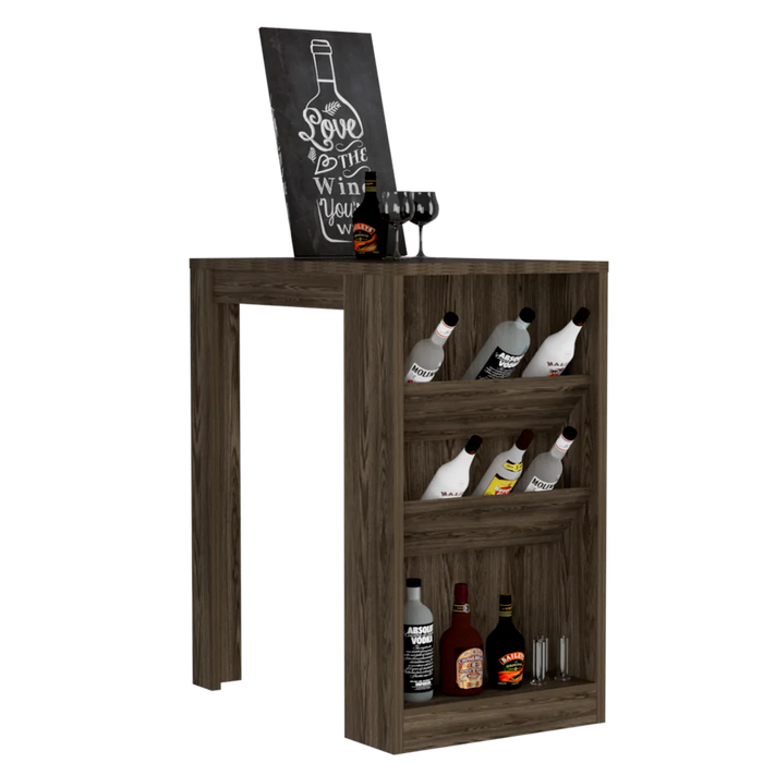 Mesa de bar celeste, chocolate, con tres estantes para botellas