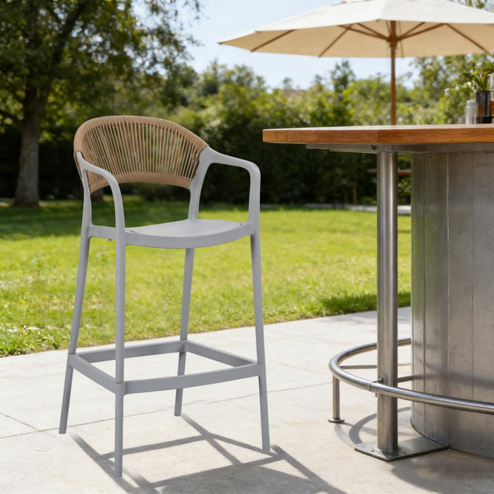 Silla para Bar Bali, Gris, Con espaldar en cuerdas y diseño Moderno