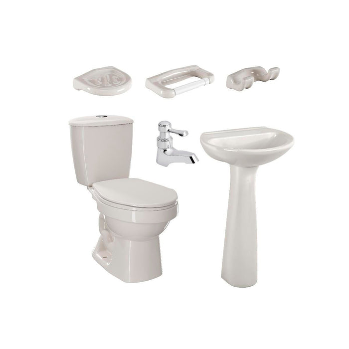 Combo laguna balta bone: sanitario, lavamanos con pedestal, grifería y accesorios.
