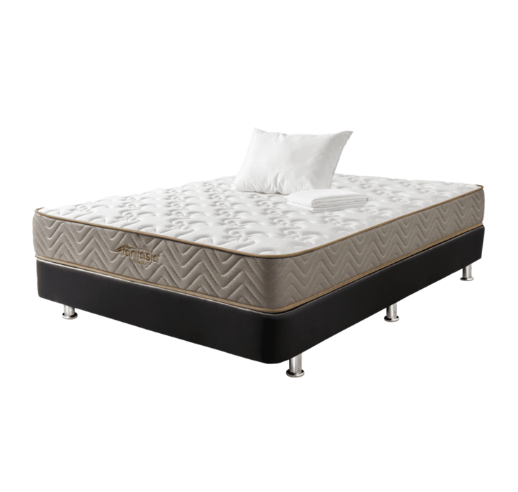 Combo colchón litium 120x190cm + base cama tipo cuero negro + almohada economica+protector damasco marca Fantasía