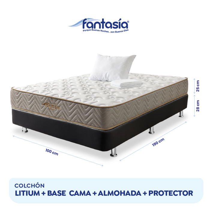 Combo colchón litium 120x190cm + base cama tipo cuero negro + almohada economica+protector damasco marca Fantasía