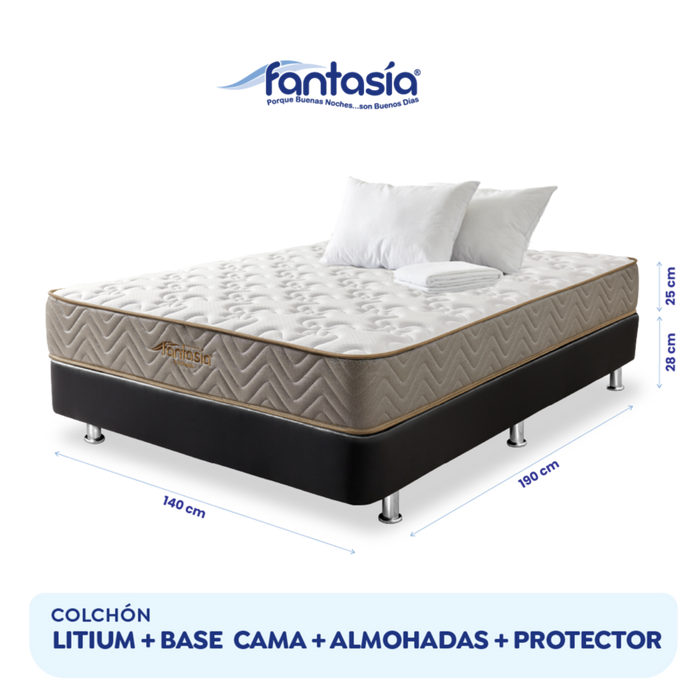 Combo colchón litium 140x190 cm + base cama tipo cuero negro + almohada economica + protector damasco  marca Fantasía