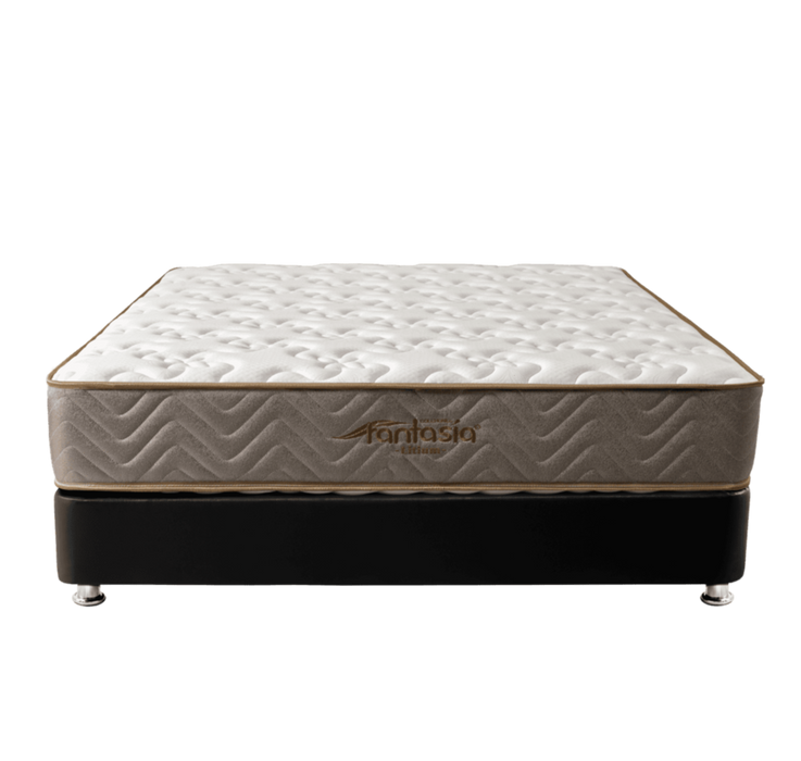 Combo colchón litium 140x190 cm + base cama tipo cuero negro + almohada economica + protector damasco  marca Fantasía