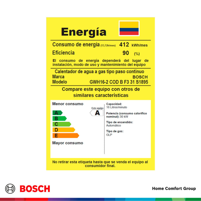 Calentador de agua 16 litros tiro natural de paso a gas propano Bosch