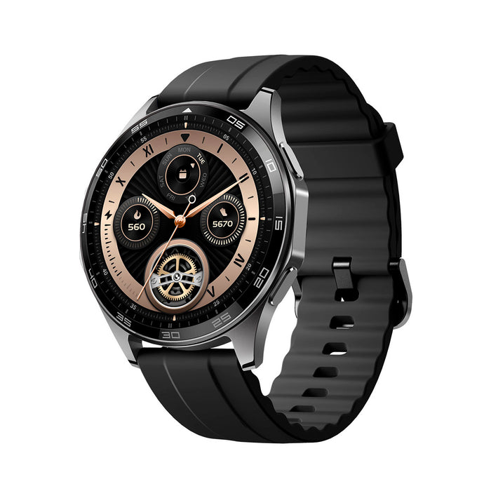 Reloj inteligente con correa negra y monitoreo de salud