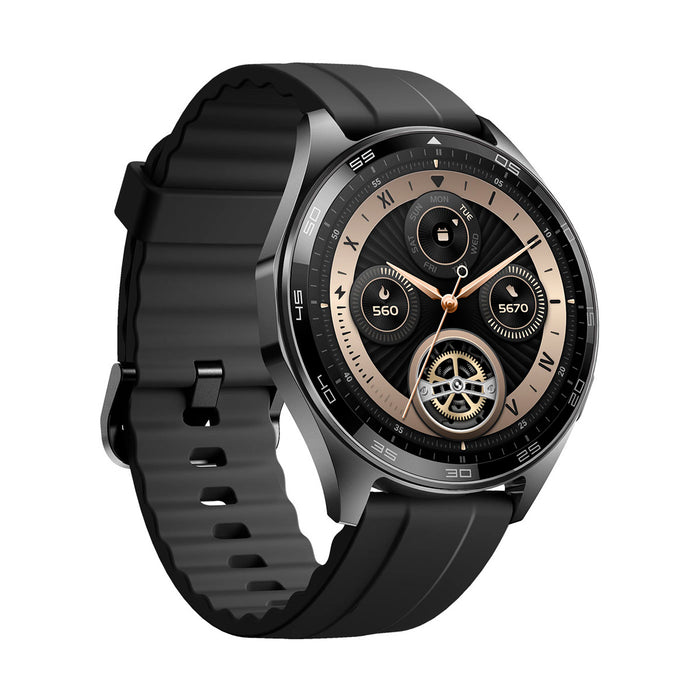 Reloj inteligente con correa negra y monitoreo de salud
