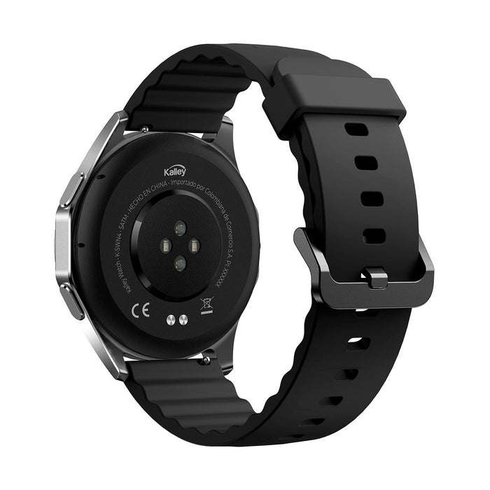 Reloj inteligente con correa negra y monitoreo de salud