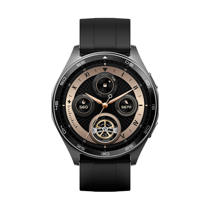 Reloj inteligente con correa negra y monitoreo de salud