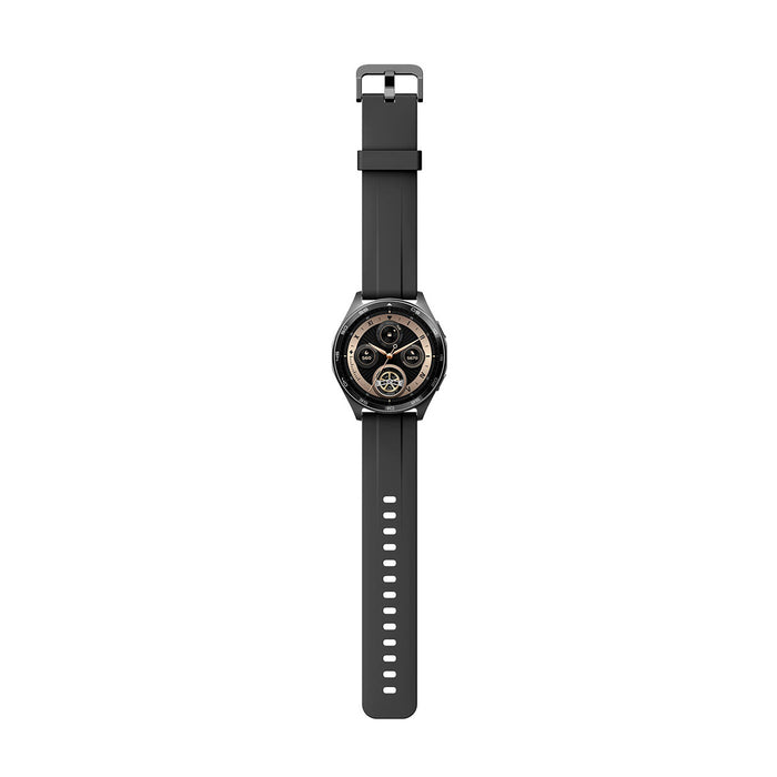 Reloj inteligente con correa negra y monitoreo de salud