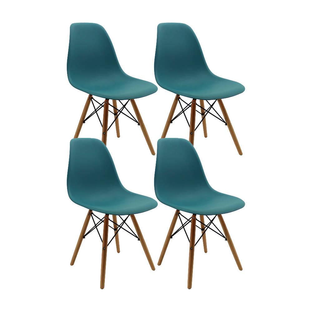 Kit por 4 sillas Eames Patas En Madera para comedor, sala, restaurante - Azul Petroleo
