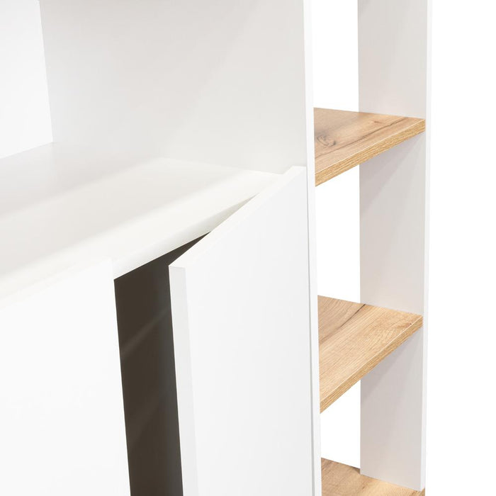 Mesa Auxiliar Ponte, Blanco Perla y Café Claro, con amplia superficie en la mesa