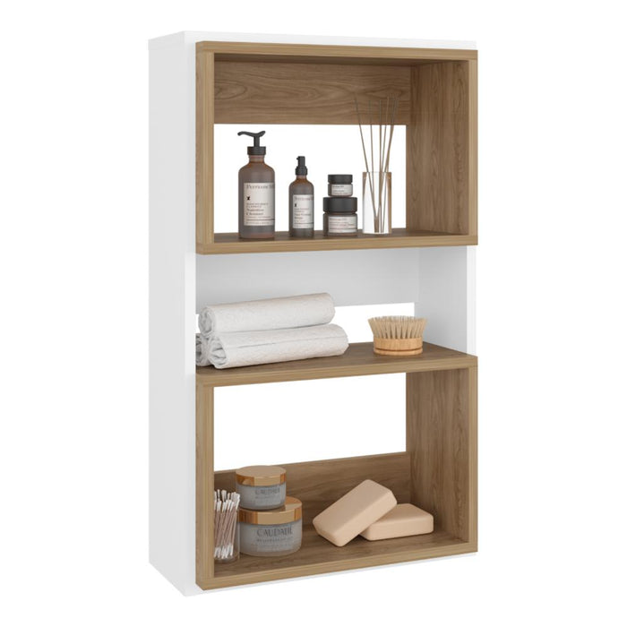 Gabinete de Baño Sensei Eco, Blanco Duqueza y Fresno Europeo, con superficies para ubicar objetos