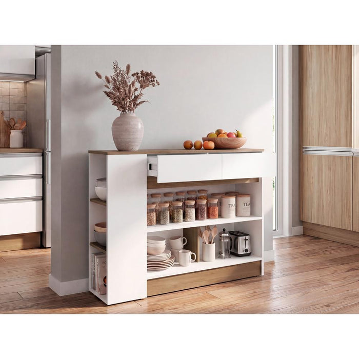 Barra de Cocina Lynton, Fresno y Blanco, con 2 Cajones para Guardar Utencilios de Cocina ZF