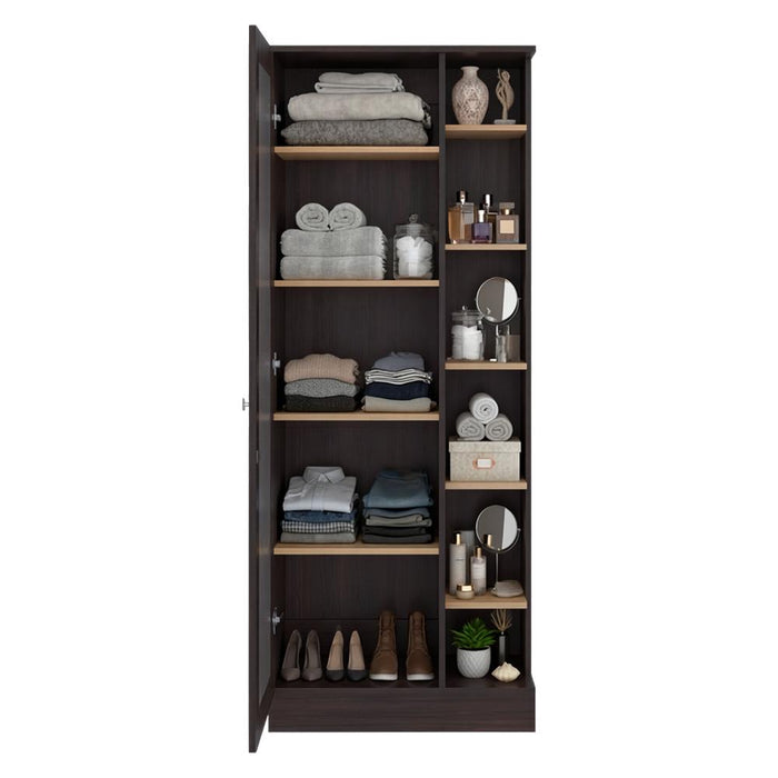Closet Lara Con Espejo, Nogal Europeo y Fresno Europeo, Con Siete Entrepaños y Gran Capacidad De Almacenamiento