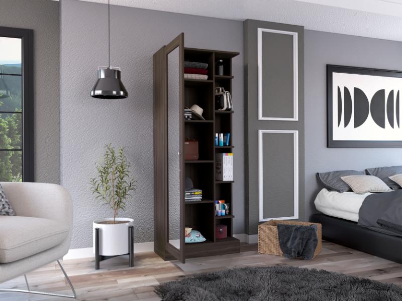 Closet Lara Con Espejo, Chocolate, Con Siete Entrepaños y Gran Capacidad De Almacenamiento