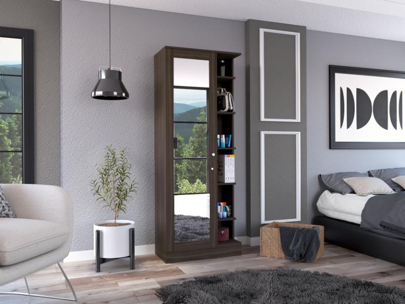 Closet Lara Con Espejo, Chocolate, Con Siete Entrepaños y Gran Capacidad De Almacenamiento