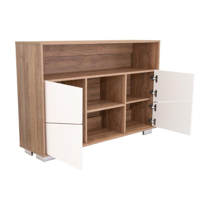Mesa Auxiliar Recibidor Orus, Miel y Blanco, con Cuatro Puertas y Patas de Acero