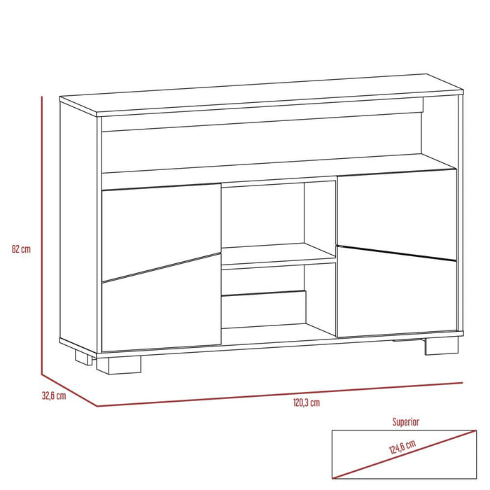 Mesa Auxiliar Recibidor Orus, Miel y Blanco, con Cuatro Puertas y Patas de Acero