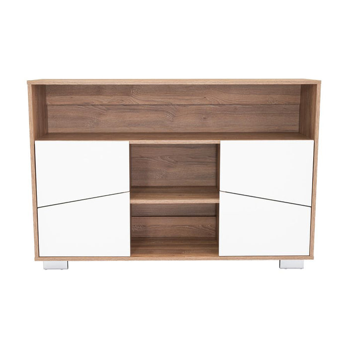 Mesa Auxiliar Recibidor Orus, Miel y Blanco, con Cuatro Puertas y Patas de Acero