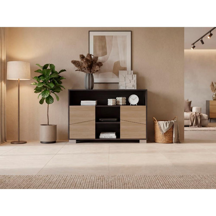 Mesa Auxiliar Recibidor Orus, Caoba y Fresno Europeo, con Cuatro Puertas y Patas de Acero