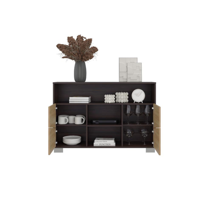 Mesa Auxiliar Recibidor Orus, Caoba y Fresno Europeo, con Cuatro Puertas y Patas de Acero