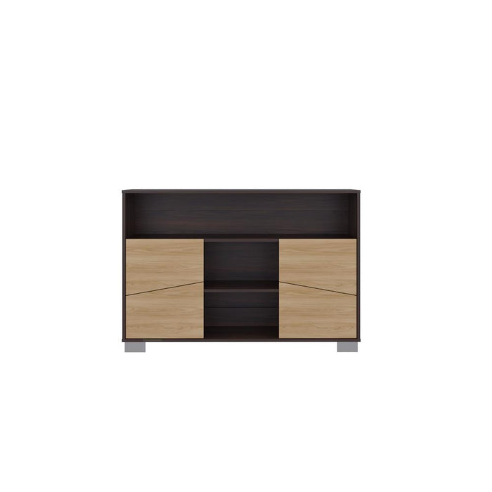 Mesa Auxiliar Recibidor Orus, Caoba y Fresno Europeo, con Cuatro Puertas y Patas de Acero