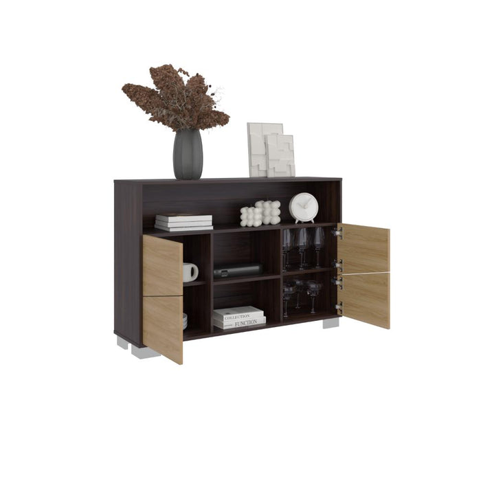 Mesa Auxiliar Recibidor Orus, Caoba y Fresno Europeo, con Cuatro Puertas y Patas de Acero