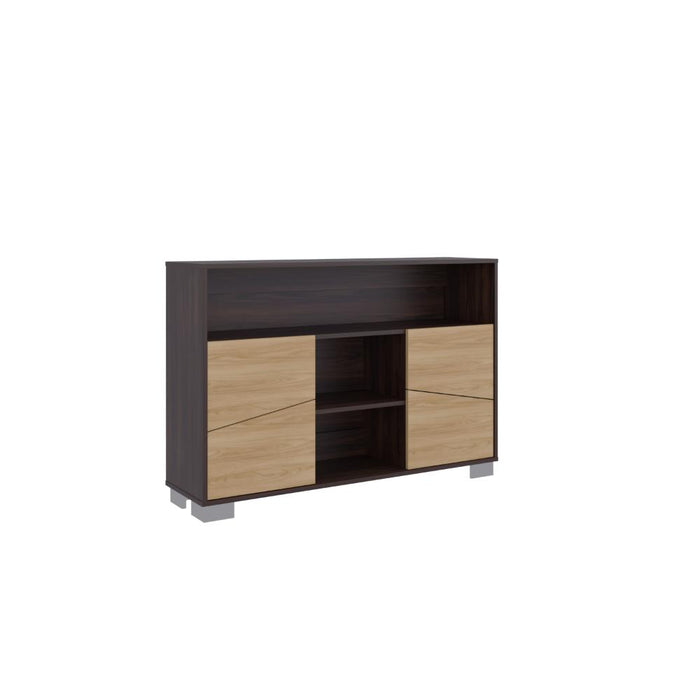 Mesa Auxiliar Recibidor Orus, Caoba y Fresno Europeo, con Cuatro Puertas y Patas de Acero