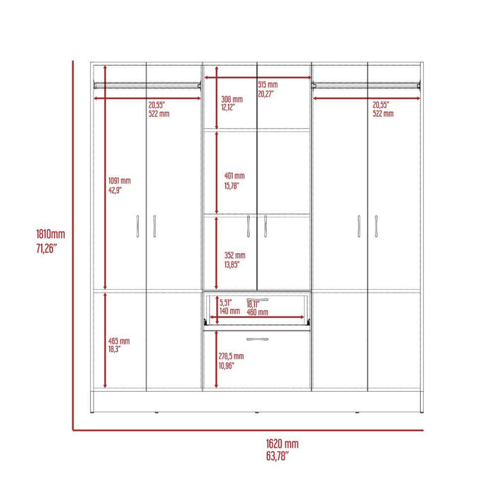Closet Adira, Wengue y Blanco, con Dos Tubos Cromados y Seis Puertas Batientes ZF