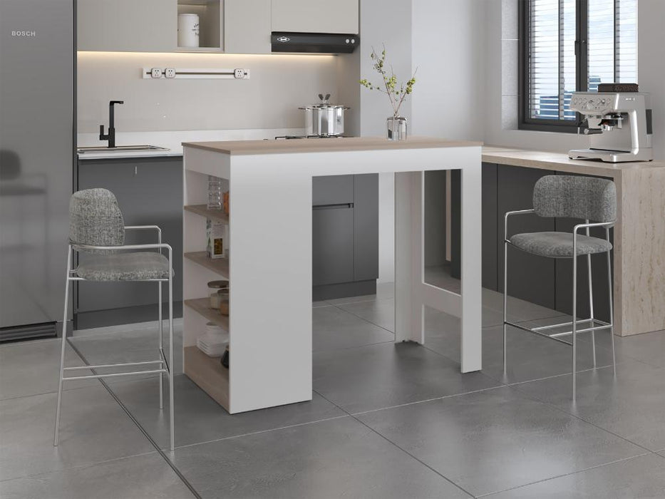 Barra Auxiliar de Cocina Greer, Blanco Duqueza y Positano, con espacio para ubicar objetos de cocina