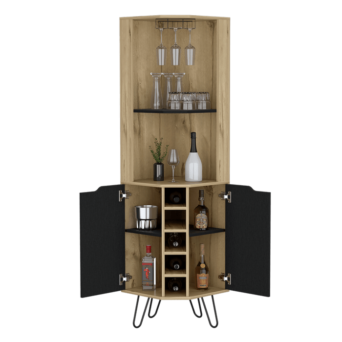 Bar Esquinero Cleo, Café Claro y Wengue, 2 Puertas con Con Espacio Para Porta Vasos y Botellas