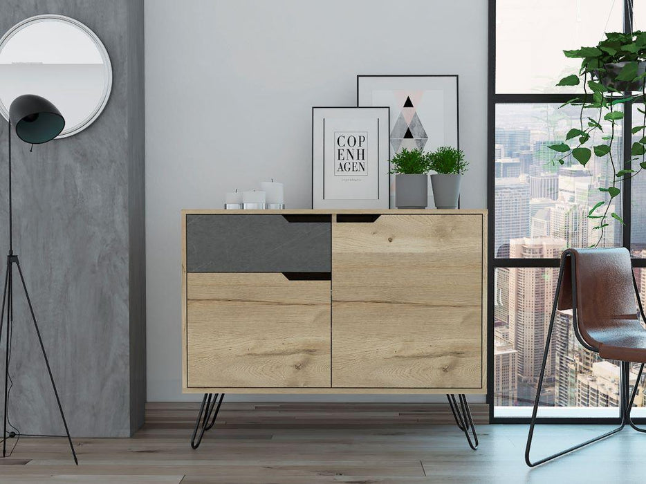 Mesa Auxiliar Recibidor Monaco, Fresno Europeo y Piedra, Con Dos Puertas y Un Cajón Extensión Total