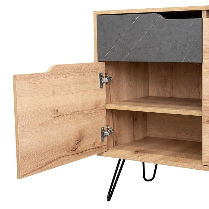 Mesa Auxiliar Recibidor Monaco, Fresno Europeo y Piedra, Con Dos Puertas y Un Cajón Extensión Total