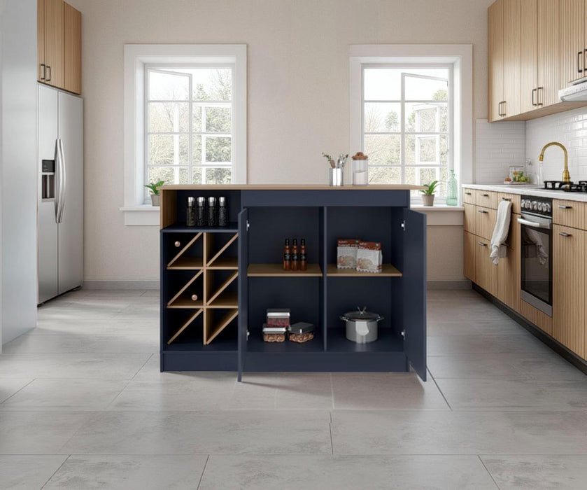 Barra de Cocina Lugano, Fresno Europeo y Kronos Azul, con espacio abierto para objetos decorativos ZF