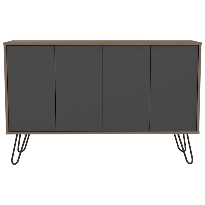 Mesa Auxiliar Lara, Fresno Europeo y Plata Oscuro, con Varios Entrepaños y Patas Metálicas
