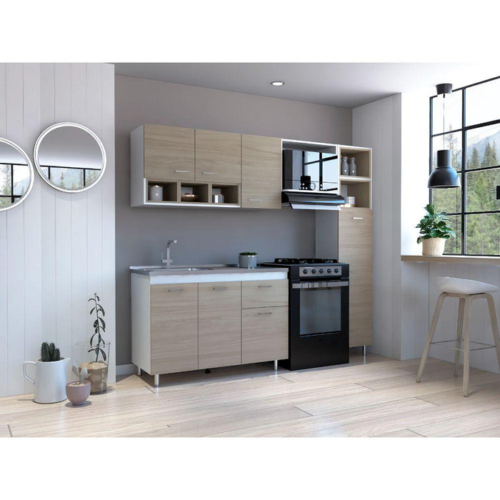 Cocina Integral Osmel, Nacar y Blanco, Incluye Mesón Izquierdo En Acero Inoxidable