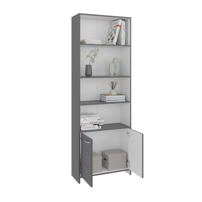 Biblioteca Milán, Plata Oscuro y Blanco, con Dos Puertas Abatibles y Cuatro Entrepaños