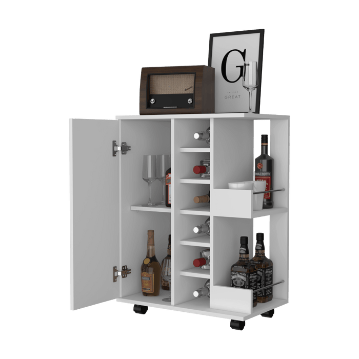Bar Cart Argus ,Blanco Nevado, con Una Puerta y Patas con Rodachines ZF