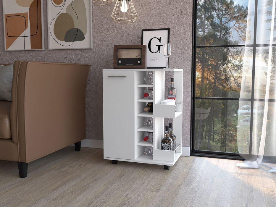 Bar Cart Argus ,Blanco Nevado, con Una Puerta y Patas con Rodachines ZF