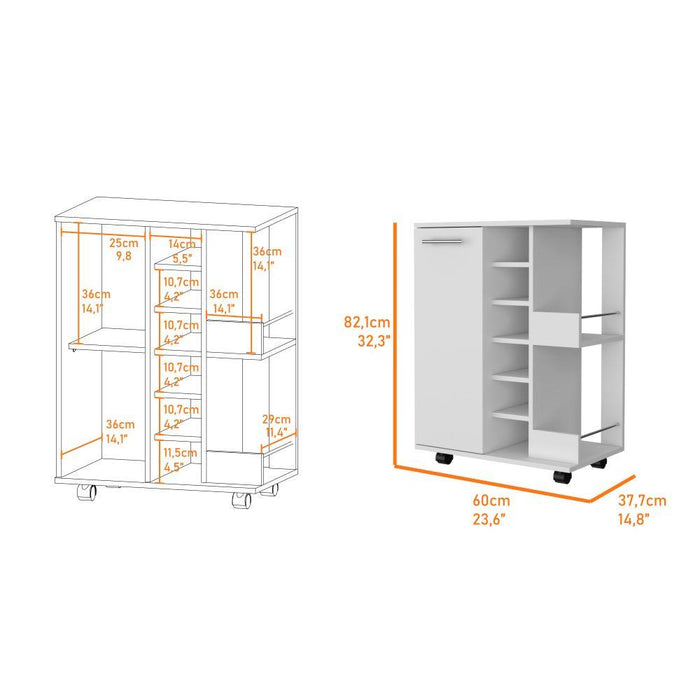 Bar Cart Argus ,Blanco Nevado, con Una Puerta y Patas con Rodachines ZF